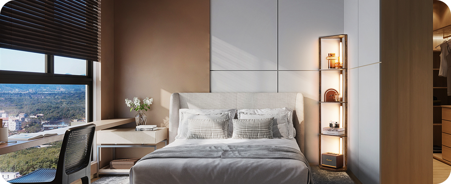 LED торшер EDISHINE з 4 дерев'яними полицями, регульоване освітлення, 3 колірні температури, поворотний світловий стержень, підсвічування полиць, футовий вимикач, вінтажний коричневий