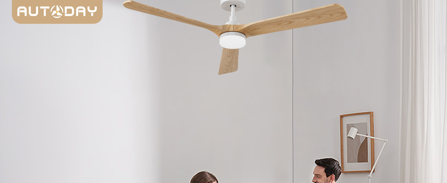 Стеляний вентилятор Holz з підсвічуванням, тихий DC-двигун, 90 см, для вулиці, 3 дерев'яні лопаті, регульоване LED-освітлення 24W, пульт з пам'яттю, 6 швидкостей, таймер (дерево, 52 дюйми)