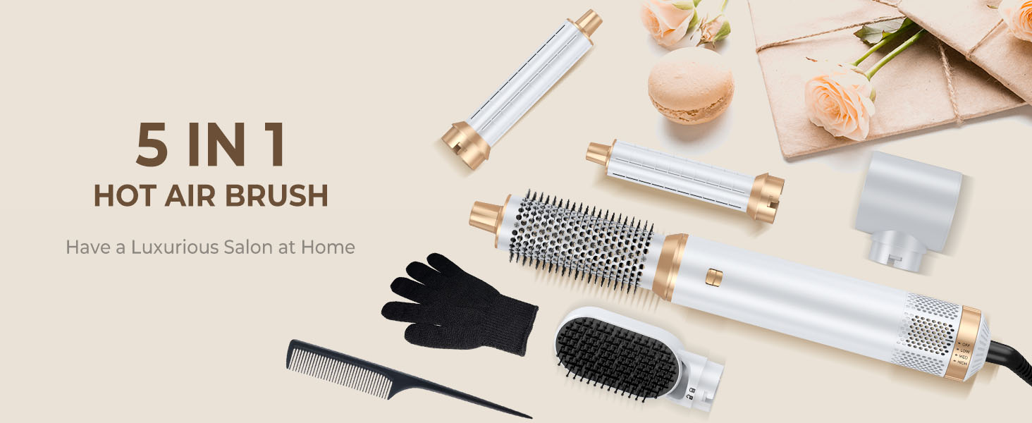 Airstyler 5 в 1: Фен-щітка для волосся, 1000W, білий. Створення об'єму, сушка, укладка, завивки. Підходить для всіх типів волосся. Набір з автоматичними локонами