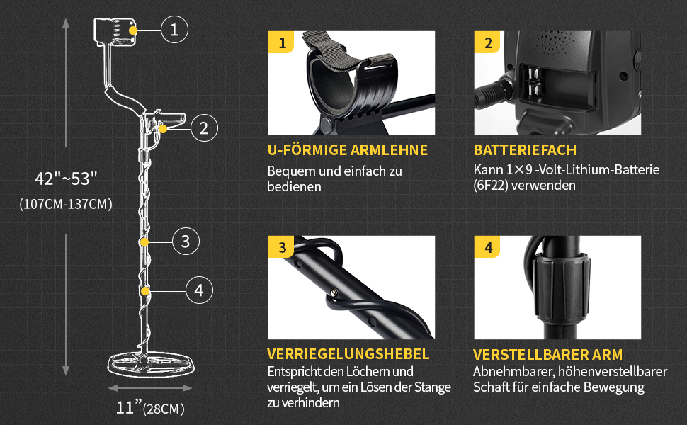 Металдетектор 13''/33см Profi з великою водонепроникною двокотушковою пошуковою котушкою, високою чутливістю та функцією Pinpointer, для пошуку золота, для дорослих з LCD-дисплеєм (Сірий)
