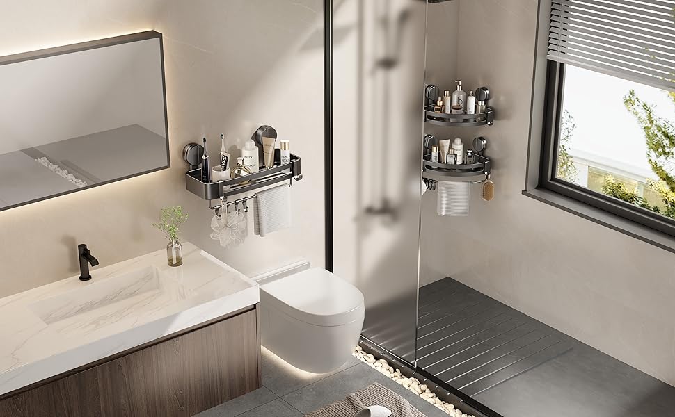 Поличка для душу без свердління, кутова поличка для ванної кімнати, органайзер для душу з тримачем для рушників та знімними гачками (2 шт., сірий) Трикутна