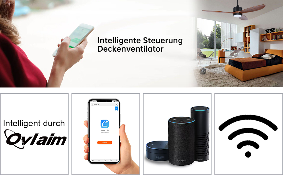 Стеляний вентилятор Ovlaim з підсвічуванням та пультом керування, тихий DC мотор, 3 лопаті, Smart, для вітальні/спальні, натуральний & срібний (колір: коричневий, діаметр: 165 см)