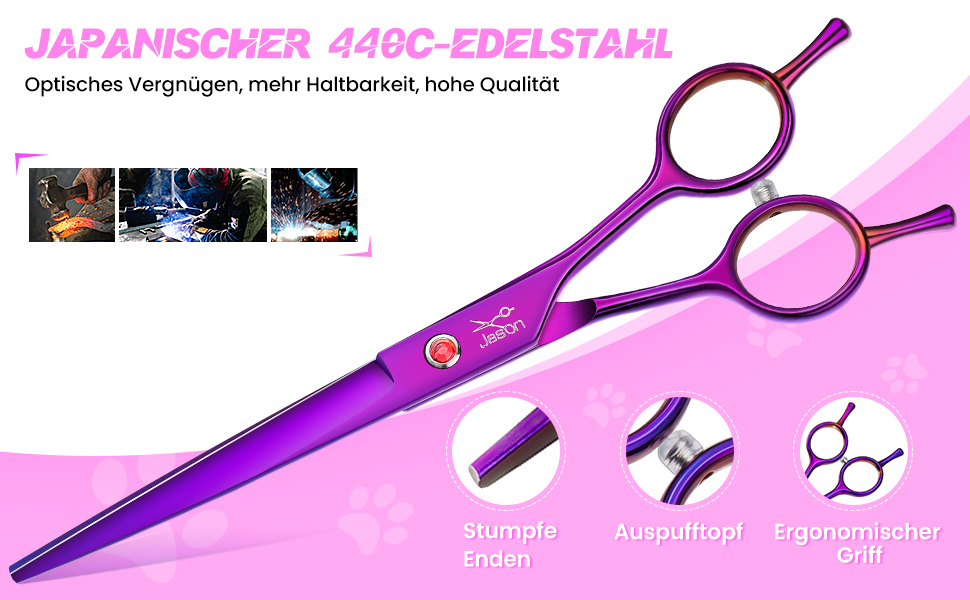 Професійна вигнута ножиця для собак JASON - 7,5' ножиця для грумінгу собак з японської нержавіючої сталі. Ножиці для собак та котів (вигнуті, фіолетові)