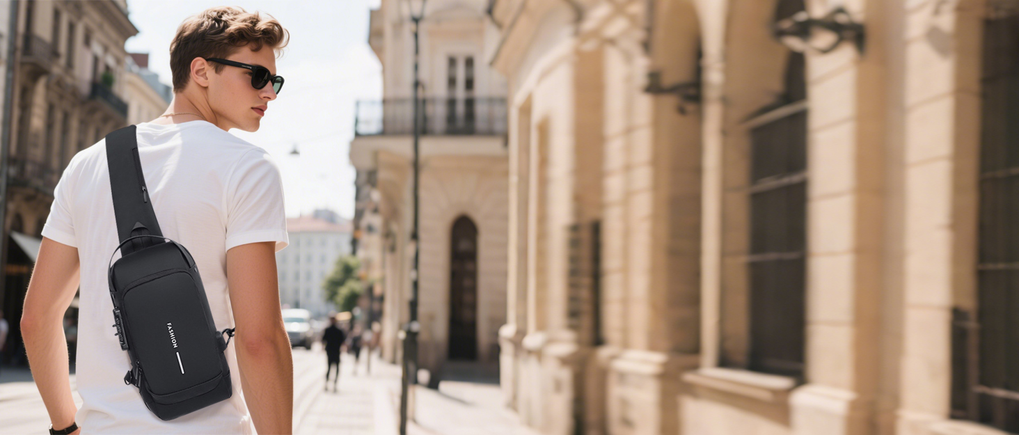 Сумка-слінг FANDARE 2026 з USB-зарядкою, захистом паролем та водонепроникним корпусом. Ідеальна для подорожей, прогулянок та бізнесу. Кілька відділень, зручна через плече, блакитна.