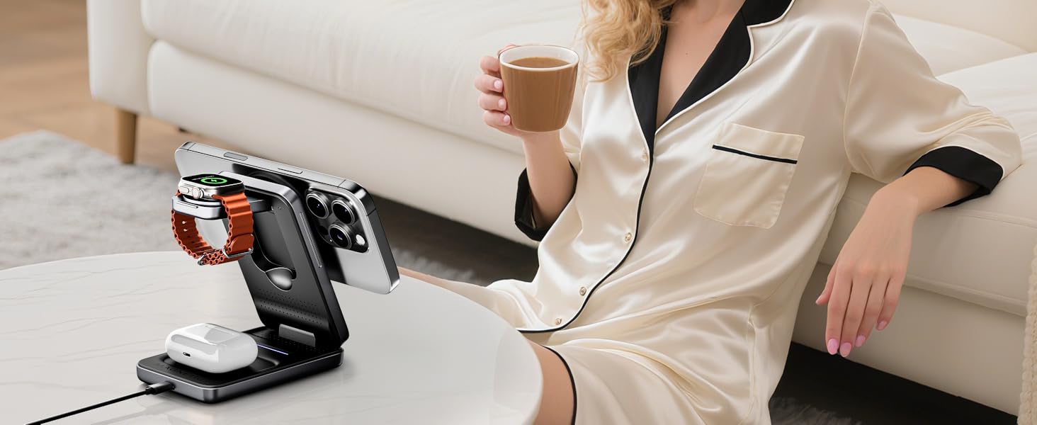 KPON Станція зарядки MagSafe для Apple Watch та iPhone, 3 в 1. Швидка зарядка для iPhone 12-17, Apple Watch 11-2, AirPods. Підходить для подорожей та офісу. В комплекті адаптер 20W.