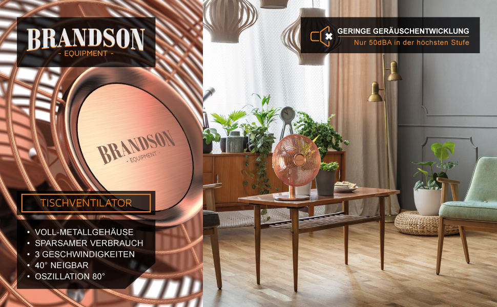 Настільний вентилятор Brandson з мідним дизайном: 3 швидкості, осциляція 80°, кут нахилу 40°, металевий корпус