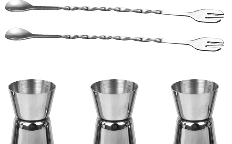 Набір барного аксесуару: ложки для змішування (3 шт.), мірні склянки (3 шт.), барні склянки, ложка для коктейлів з виделкою (25.4 см)