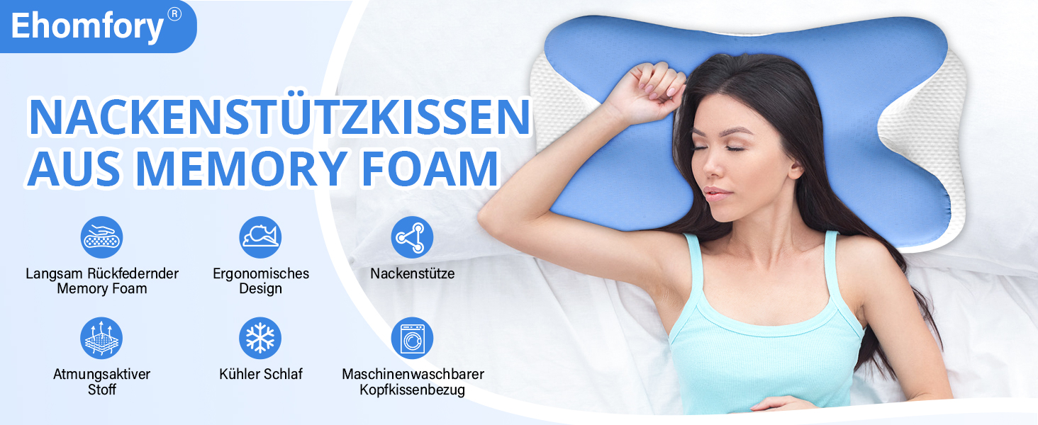 Подушка для шиї Ehomfory з Memory Foam, ергономічна для сну на боці, спині та животі, 67x37x9/12 см (Синя)