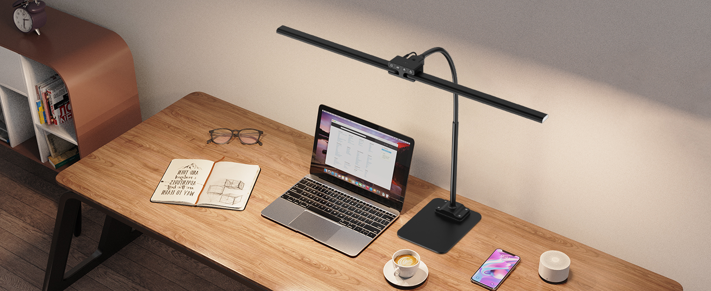 LED Desk Lamp with Adjustable Brightness, 1200 Lumens Dual Head Clamp-On for Home Office, Eye Protection Gooseneck Table Lamp, Monitor Light with 5 Color Temperature & Brightness Levels (Black Dual-Head Metal Base)