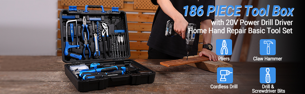 Набір інструментів DEKO 186 шт. з акумуляторною дрилем-шуруповертом 20V (блакитний) для дому та дрібного ремонту