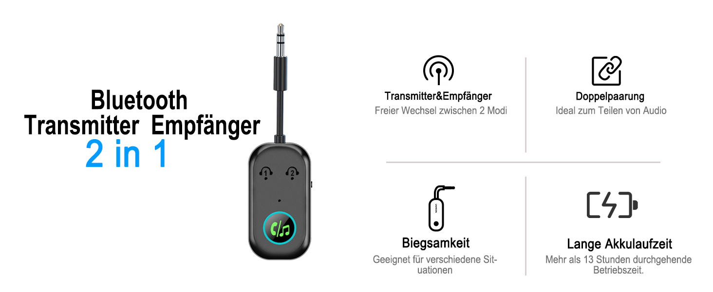 Bluetooth адаптер iKDSAW 2-в-1 (передавач та приймач) 5.3, Aux трансміттер для ТБ, літака, авто, стереосистем та навушників, 3.5 мм Jack