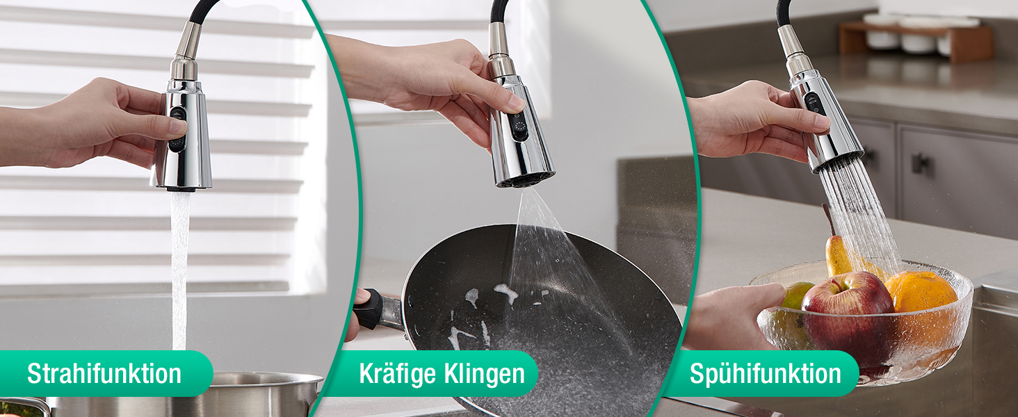 Кран кухонний CREA Wasserfall висувний з дозатором мила, нержавіюча сталь, 360° оберт, 4 режими, хром