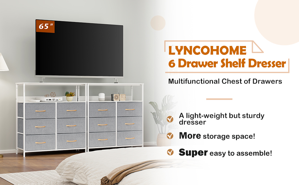 LYNCOHOME Chest of Drawers with Fabric Drawers, Sideboard Entryway Cabinet with 6 Fabric Drawers and Compartments, Drawer Organizer Furniture for Kitchen Office Bedroom (Snow Grey)