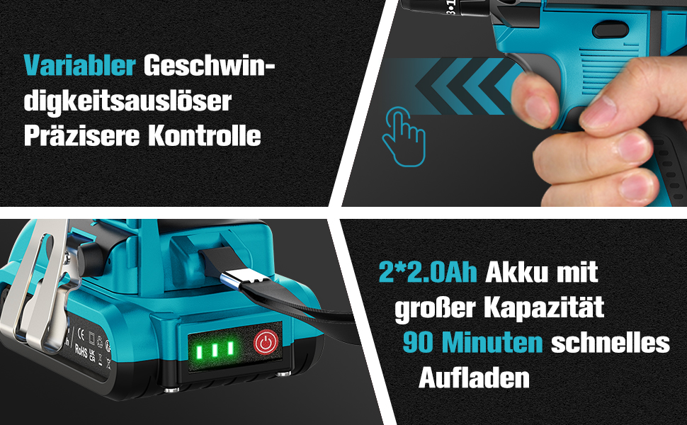 Акумуляторний шуруповерт BETENST 21V з 2 акумуляторами 2.0Ah, 42Nm, 25+3 ступені крутного моменту, 2 швидкості, LED-ліхтар, 30-ти елементний набір для дому та саду, DIY проєкти, блакитний