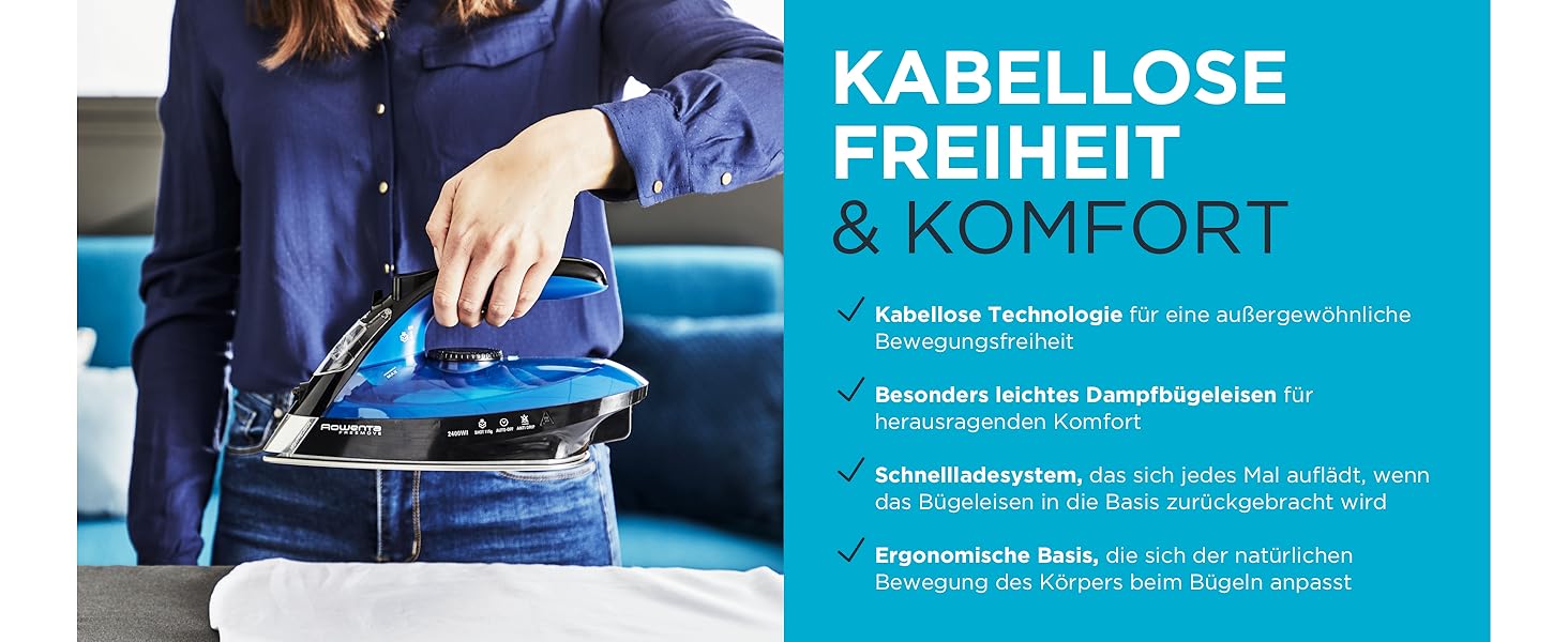 Rowenta Freemove: бездротове прасування, 2400W, 27 г/хв, DE5010 (блакитно-чорний)