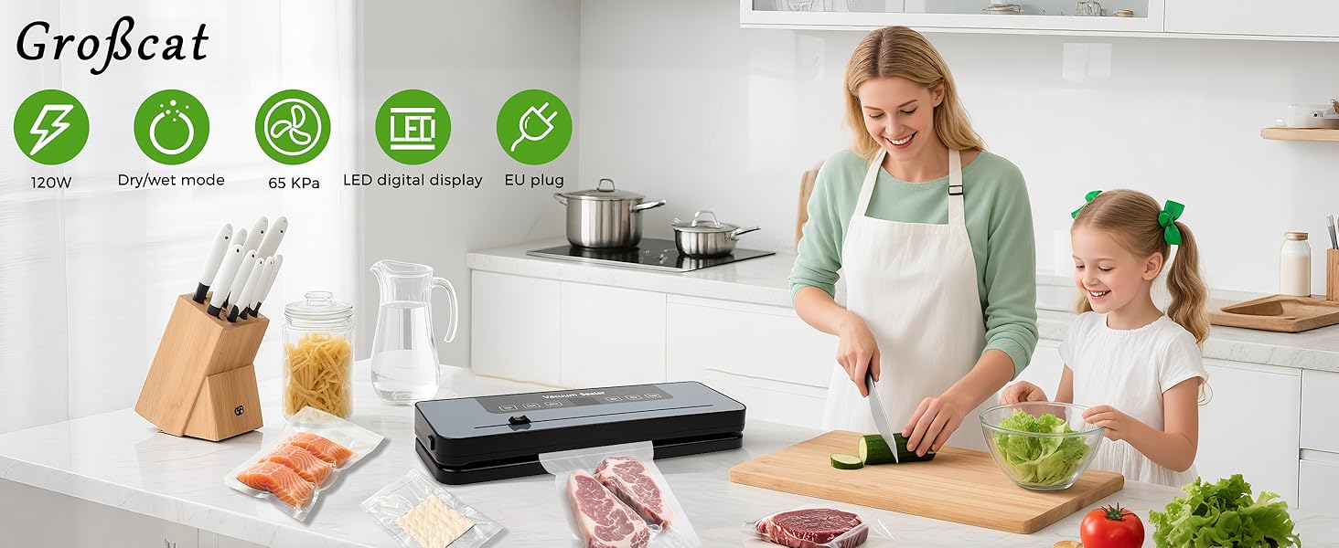 Вакуумний пакувальник Großcat з 50 пакетами, апарат для пакування продуктів харчування з різаком та цифровим таймером для кухні та ресторану