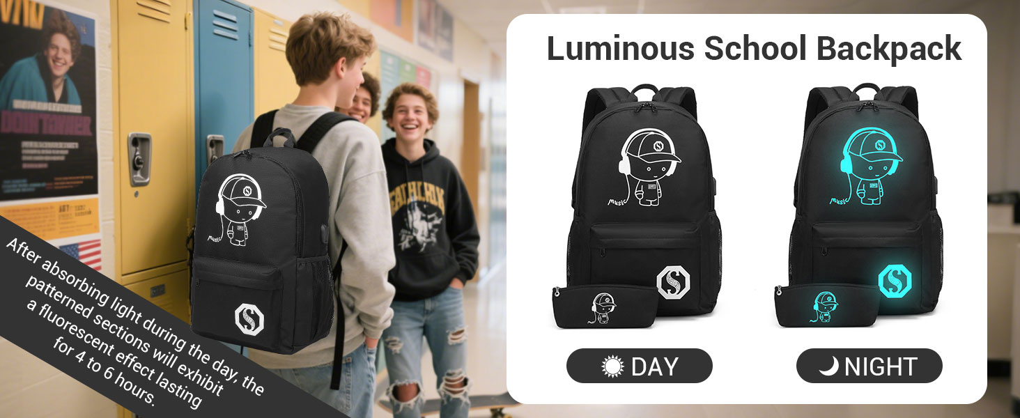 Шкільний рюкзак KONO для підлітків, чорний, світловідбиваючий, легкий, водонепроникний (30x17x48 см)