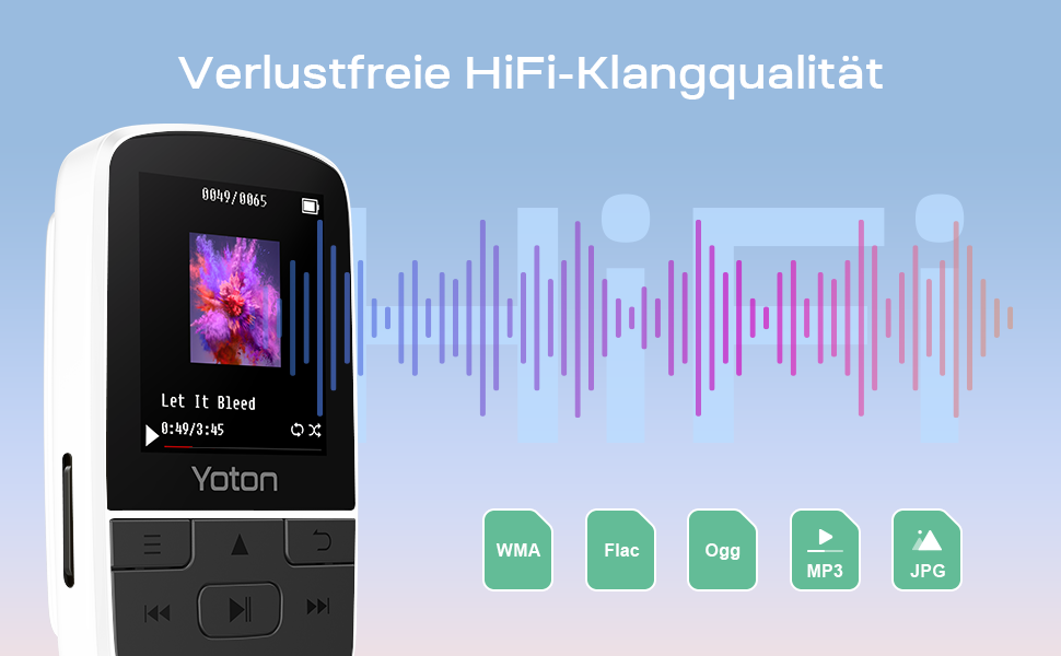 MP3-плеєр YOTON з Bluetooth 5.2, Hi-Fi звук, FM-радіо, диктофон, регулятор гучності, навушники, підтримка SD до 128 ГБ (Білий)