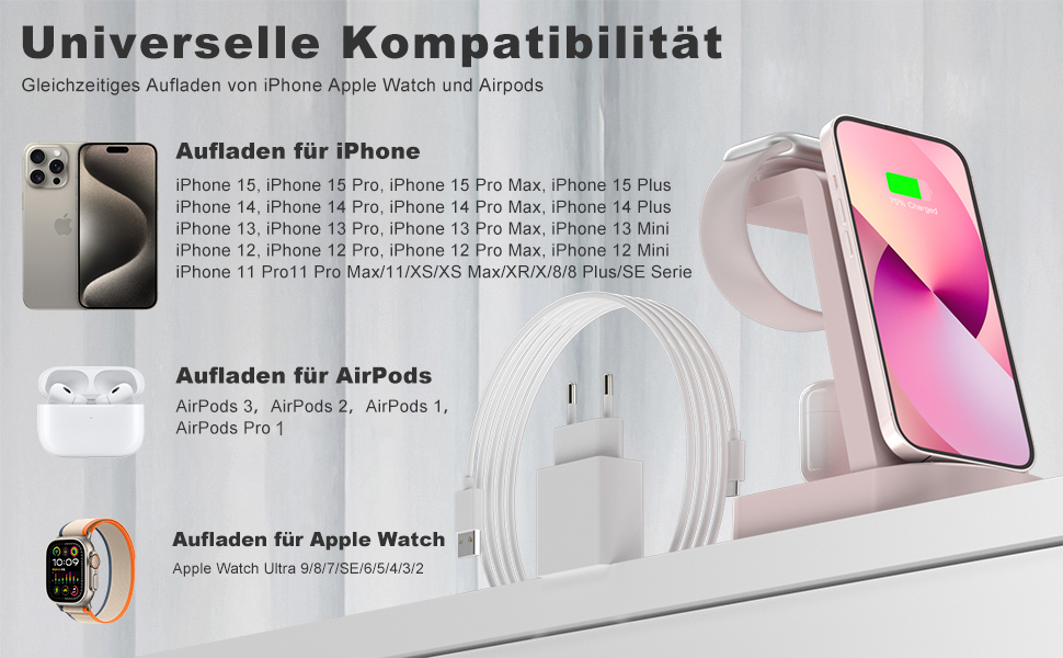 Бездротова зарядка 3 в 1 з адаптером 18W, сумісна з iPhone, Apple Watch, AirPods (Рожева)