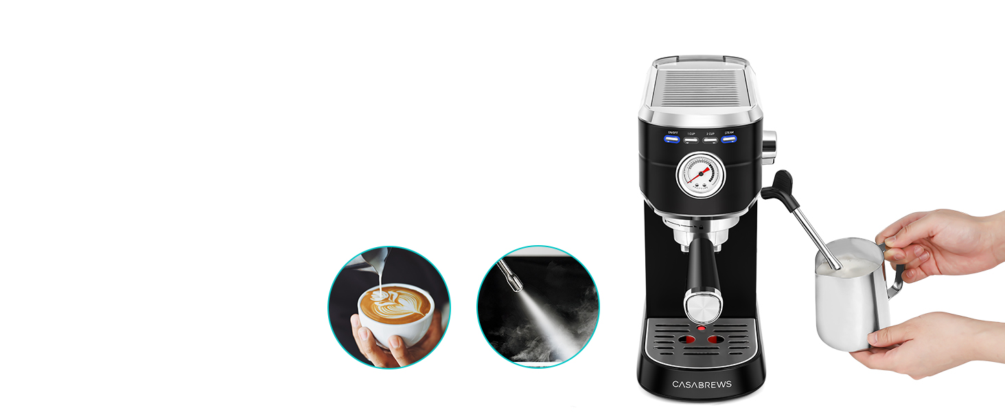 CASABREWS Еспресо-кавомашина Siebträger з нержавіючої сталі, 20 Bar, з професійним капучинатором, компактна для еспресо, капучино, лате макіато, об'єм бака 1л, чорна