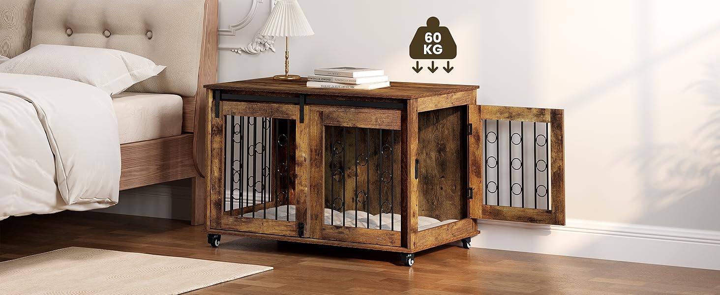 Клітка для собак EUGAD, 100 см, з 2 дверцятами та 5 колесами, для великих, середніх та маленьких собак, декоративна переноска для дому, вінтажний коричневий колір