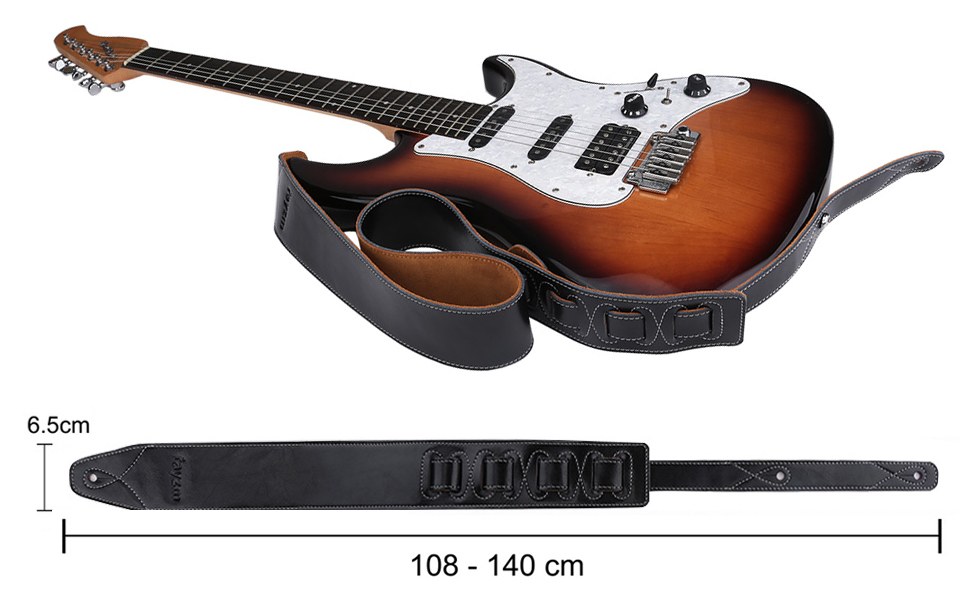 Гітарний ремінь Rayzm з натуральної шкіри та замші, 6,5 см, регульована довжина 108-140 см (Акустика, Електрогітара, Бас)