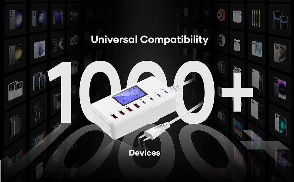 Зарядний пристрій USB-C 152W з LCD дисплеєм, 4x USB-A, 4x USB-C, швидка зарядка для iPhone 16, iPad, Samsung та інших пристроїв - Чорний