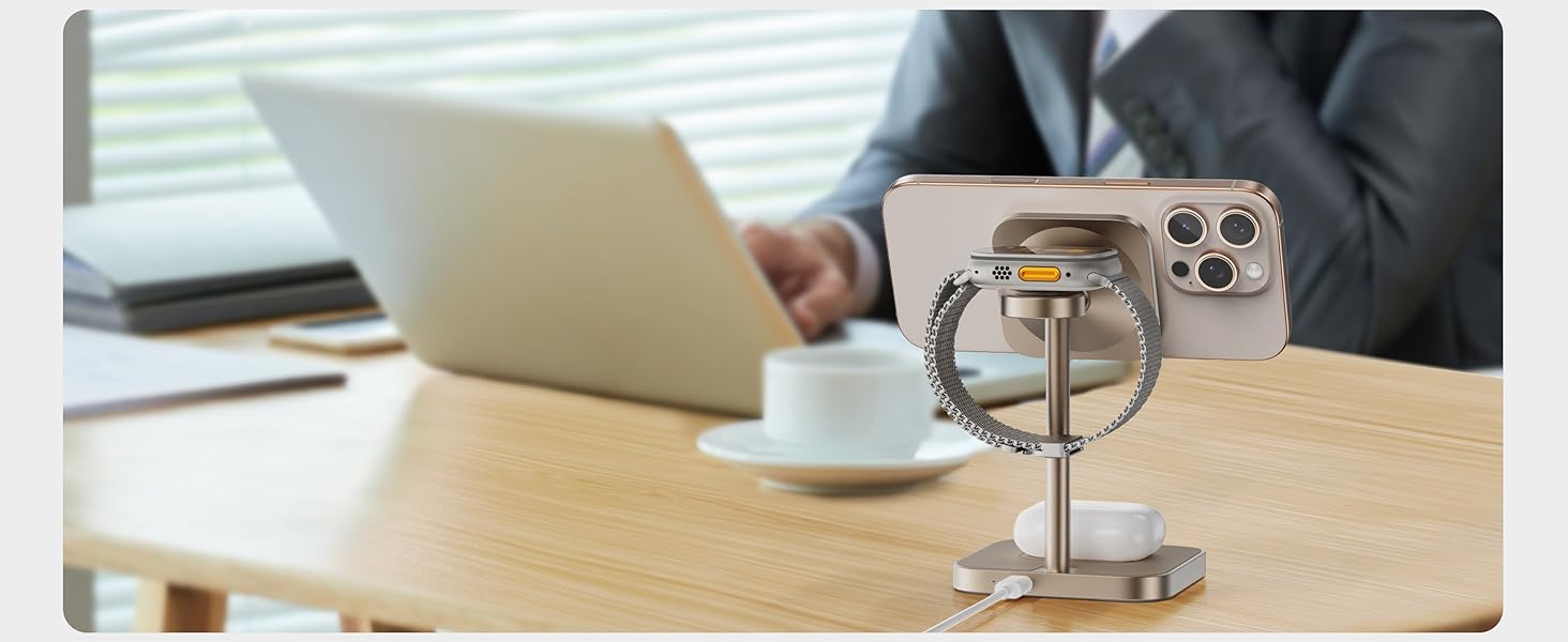 Станція зарядки LULULOOK Qi2 MagSafe 3 в 1 з алюмінію для Apple Watch та iPhone з підтримкою швидкої зарядки 15W (для iPhone 17 Pro Max/17 Pro/17 Air/17) та 5W (для Apple Watch Ultra, AirPods), титан