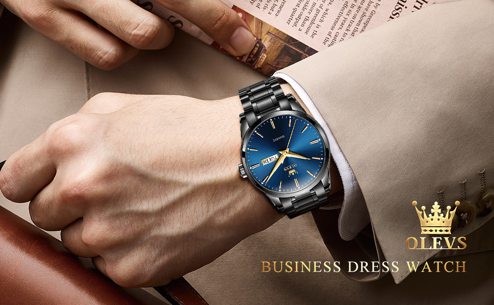 Чоловічий наручний годинник OLEVS класичний кварцовий, водонепроникний, зі сталевим ремінцем та індикатором дати, чорний із золотом