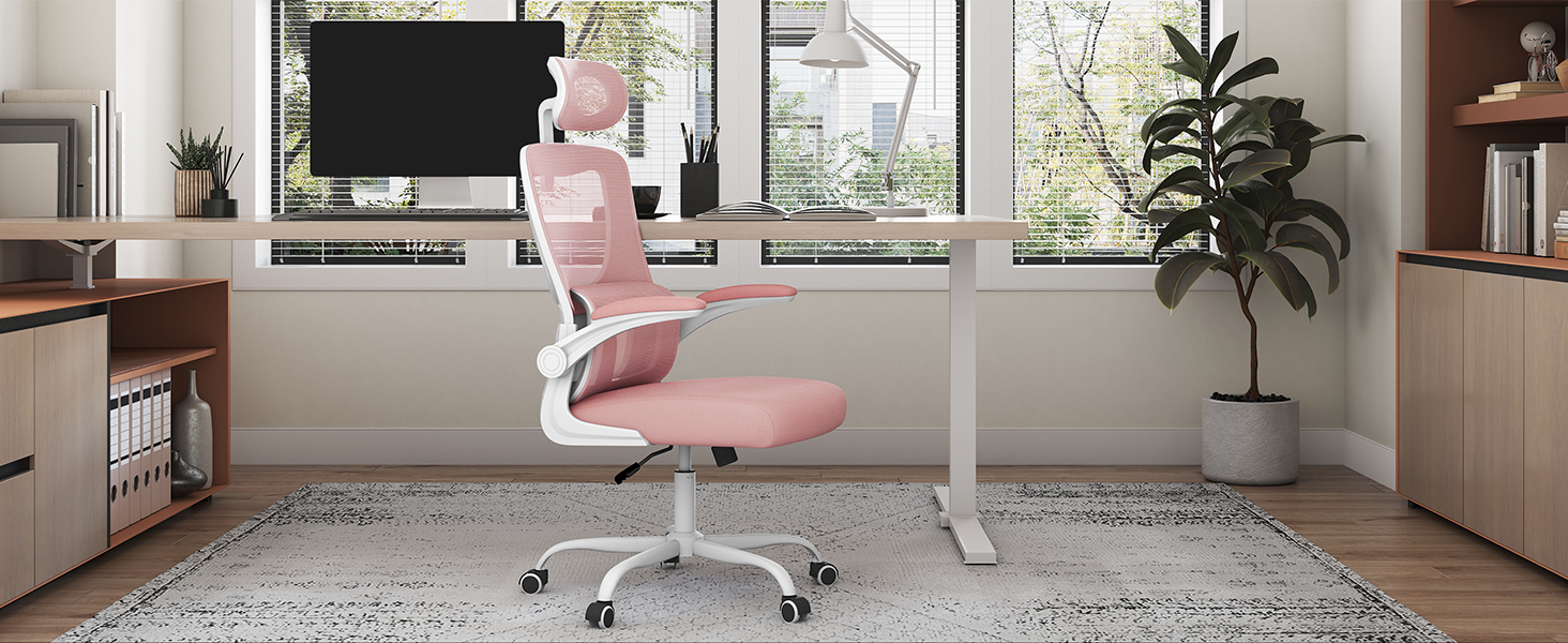 Офісний стіл Woltu: ергономічне крісло з функцією гойдання, регульована підголовник, обертові підлокітники, підтримка попереку, 150 кг, Рожевий