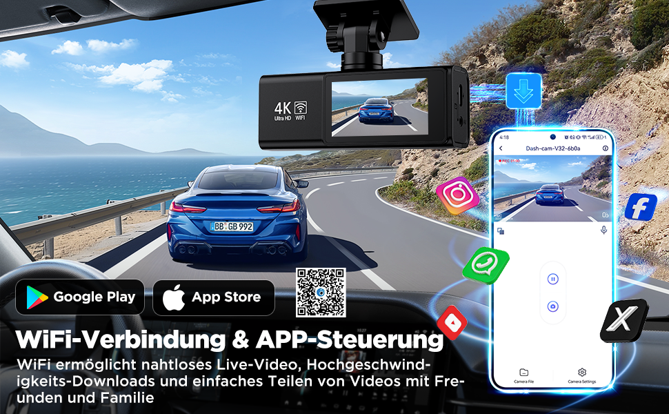 Відеореєстратор Topabol Dashcam Auto 4K + 1080P з Wi-Fi, двома камерами, нічним баченням, G-сенсором та підтримкою карт пам'яті до 256GB
