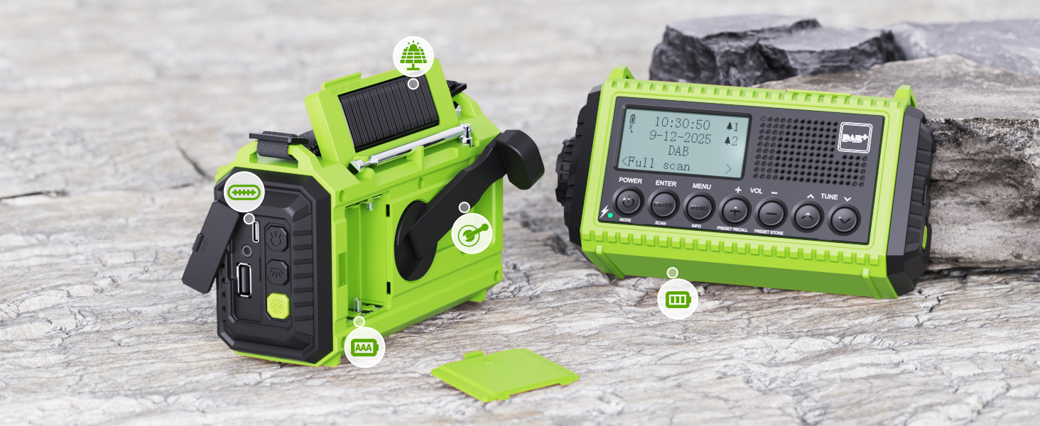 Радіо DAB/DAB+/UKW з вбудованим акумулятором 5000mAh, сонячне радіо, радіо для надзвичайних ситуацій з USB-зарядкою, радіо для кемпінгу з LED-ліхтариком, SOS-сигналом, портативне радіо з ручним приводом для активного відпочинку (зелене)