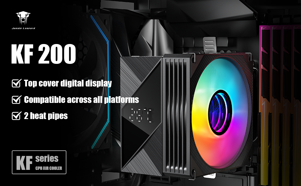 Охолоджувач CPU TZMRIT KF200 з 2 тепловими трубами, RGB LED, чорний, 9 см, 2200 RPM, для LGA115X/1200/17XX/1366, FM1/FM2/AM2/AM3/AM4/AM5