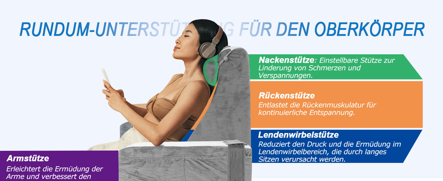 HOMCA Подушка для читання та відпочинку в ліжко та на диван з знімною подушкою для шиї та підлокітником, подушка для спини, подушка для стіни, багатофункціональна подушка-клинок для читання, роботи, перегляду телевізора (36x40x48 см)