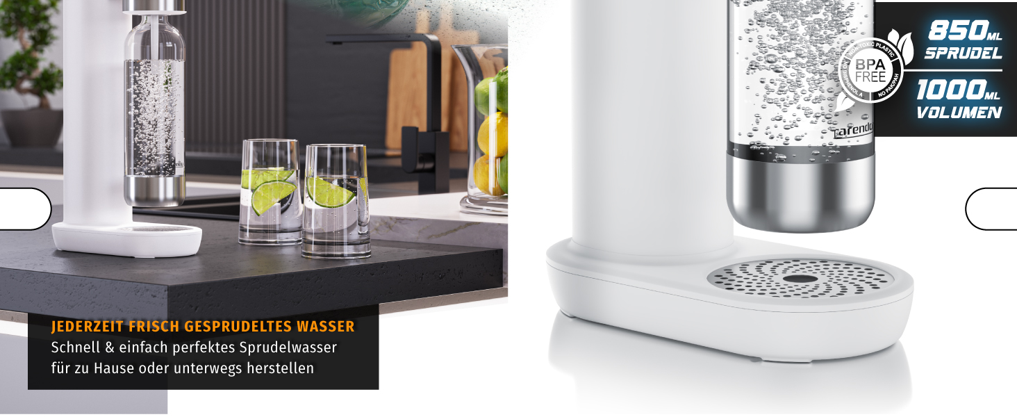 Arendo Soda Maker - Газова вода вдома: приготуйте газовану воду без цукру та барвників! Сумісний з CO2 балонами 60 л, пляшка 1000 мл, BPA free