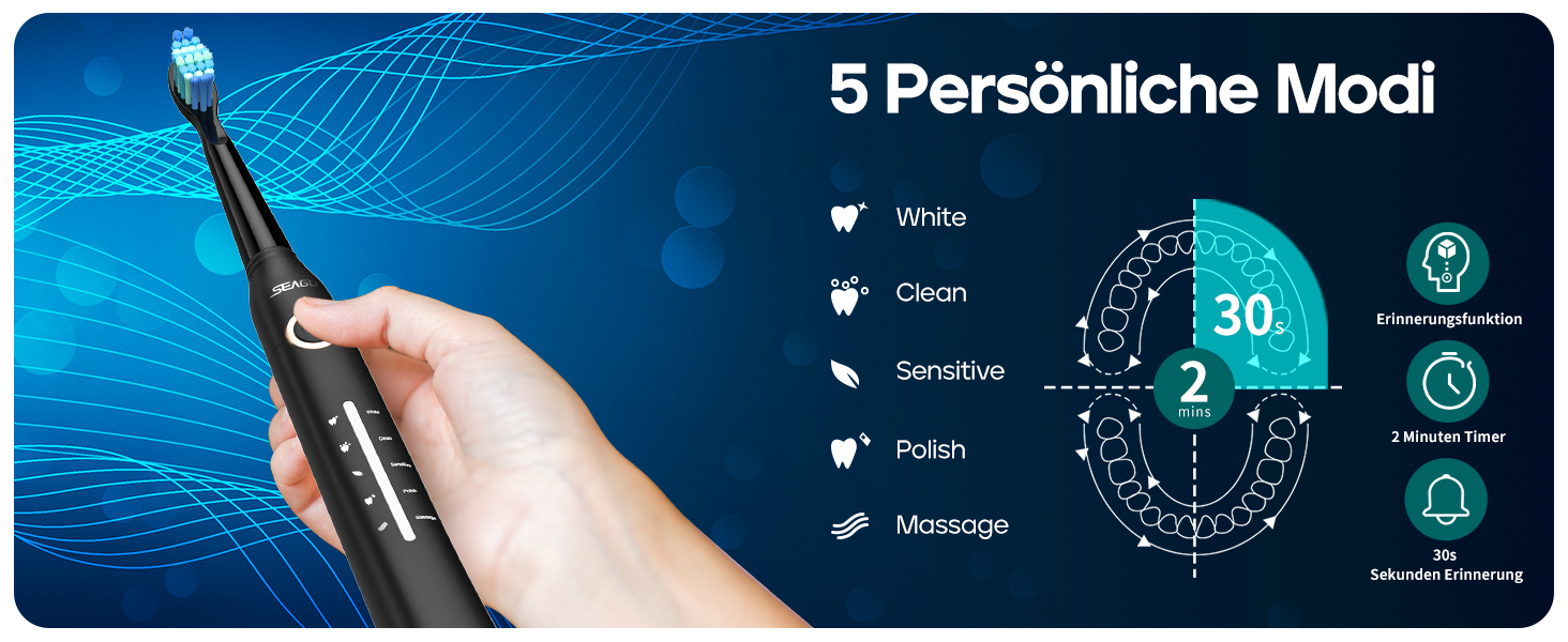 Електрична звукова зубна щітка Seago SG-958 (біла), 40000 VPM, 5 режимів, 8 насадок, USB-зарядка