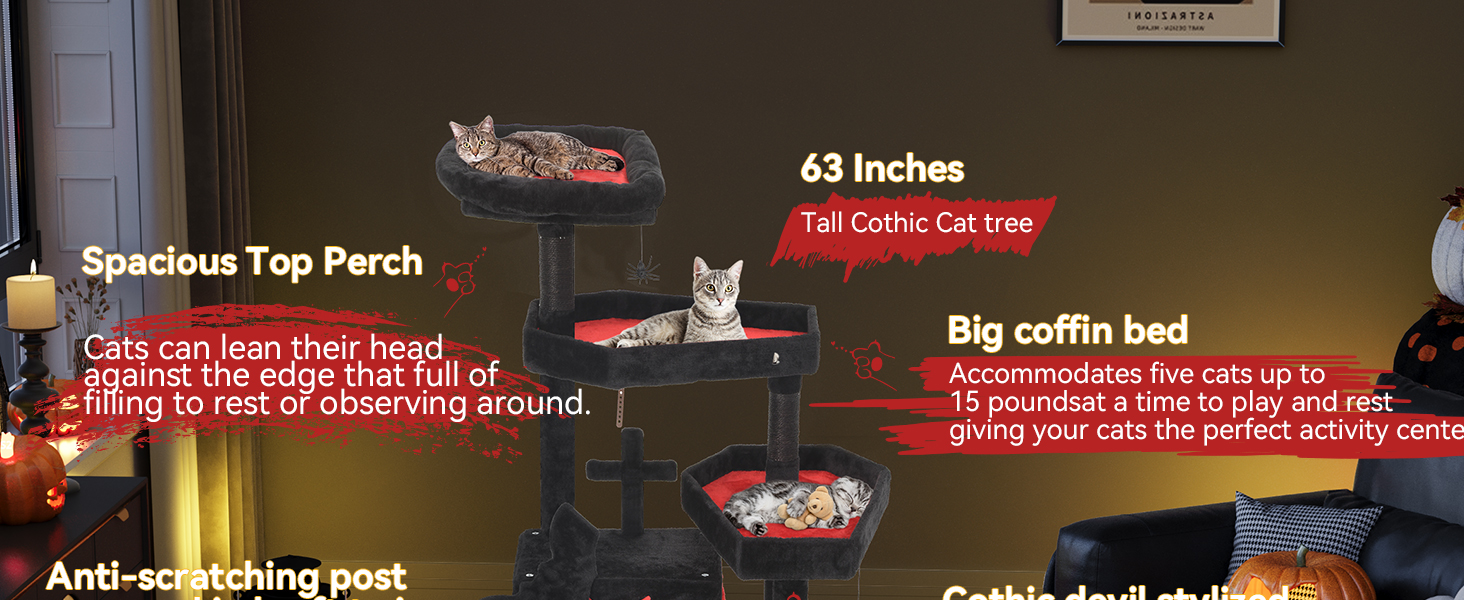 Кігтеточка YITAHOME Готичний XL, 160 см, велика та стійка, з 4 колонами з сизалю, 1 дощечкою для шліфування, гамаком, 2 підвісними кулями-павуками, платформами для сну, чорна, 48 x 60 x 160 см