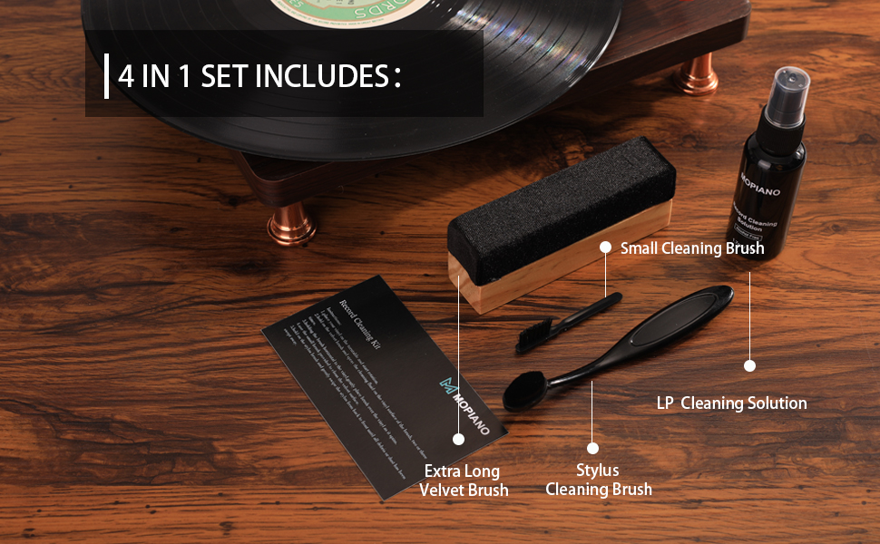 Набір для чищення вінілових платівок Mopiano: повний 4-в-1 очищувач для платівок, з м'якою замшевою щіткою, рідиною для чищення LP, щіткою для картриджів та нейлоновою щіткою
