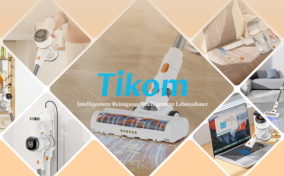 Бездротовий акумуляторний пилосос Tikom V500 450W, 6-в-1, білий. З контейнером 1.3л, для прибирання килимів, шерсті тварин та твердих поверхонь.