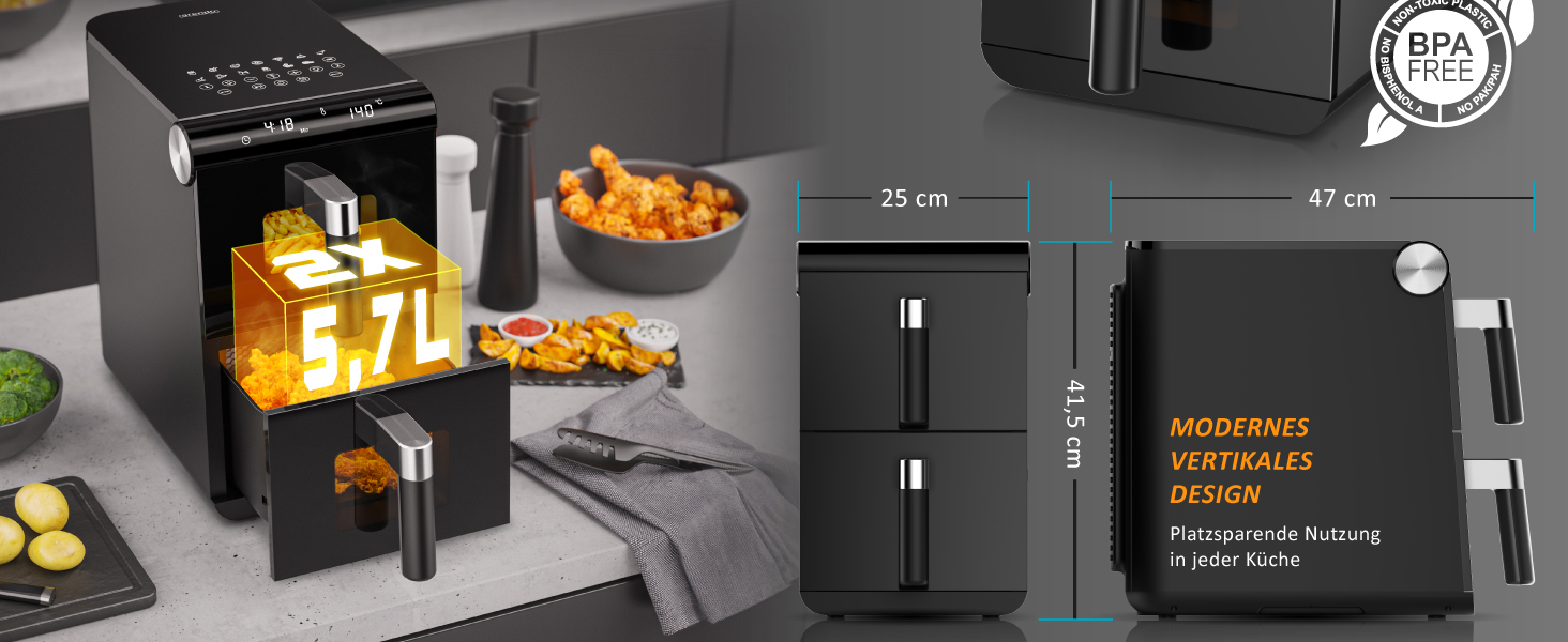 Фритюрниця Arendo XXL Dual Zone з 2 камерами – 11,4 л, 13 програм, 3D циркуляція повітря, BPA-free, функція Sync & Match