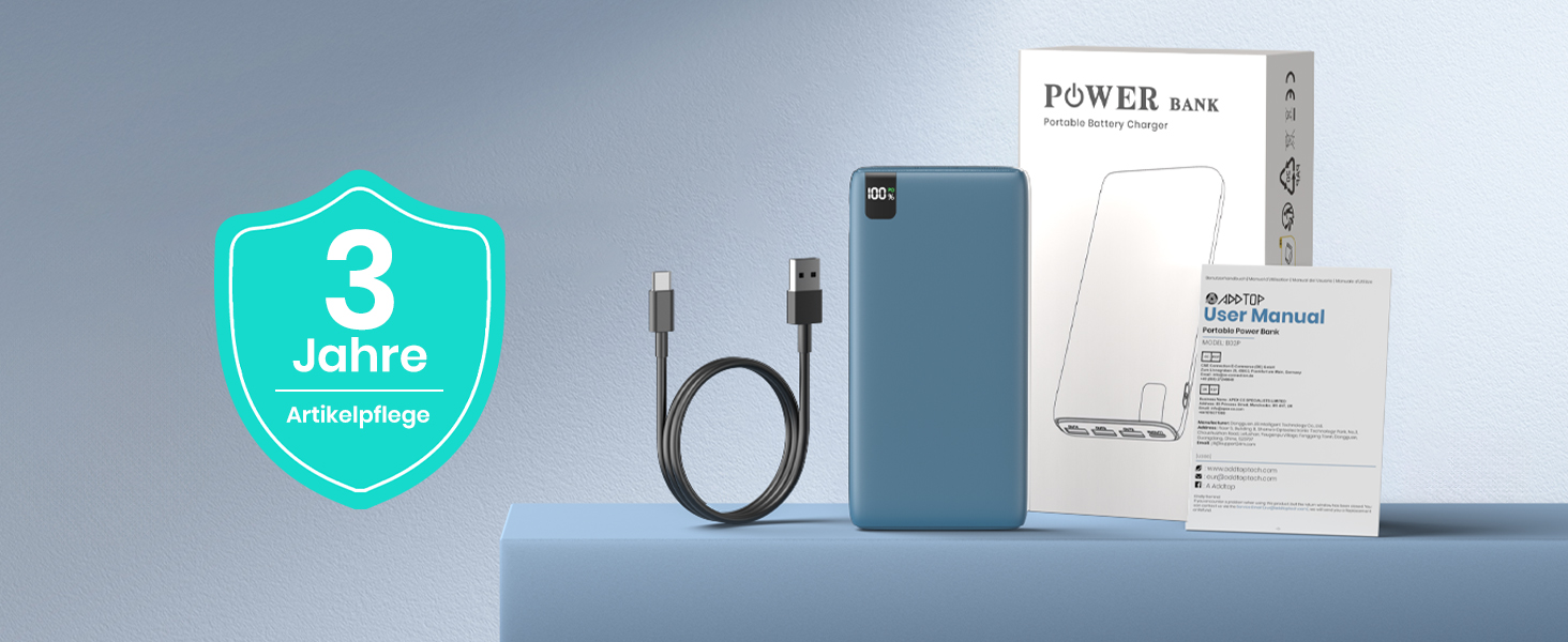 Power Bank ADDTOP 20000mAh 22.5W Blue – портативний зарядний пристрій з USB-C, LED-дисплеєм, швидка зарядка для iPhone 17/16/15/14/13/12/11, Samsung Galaxy та інших телефонів