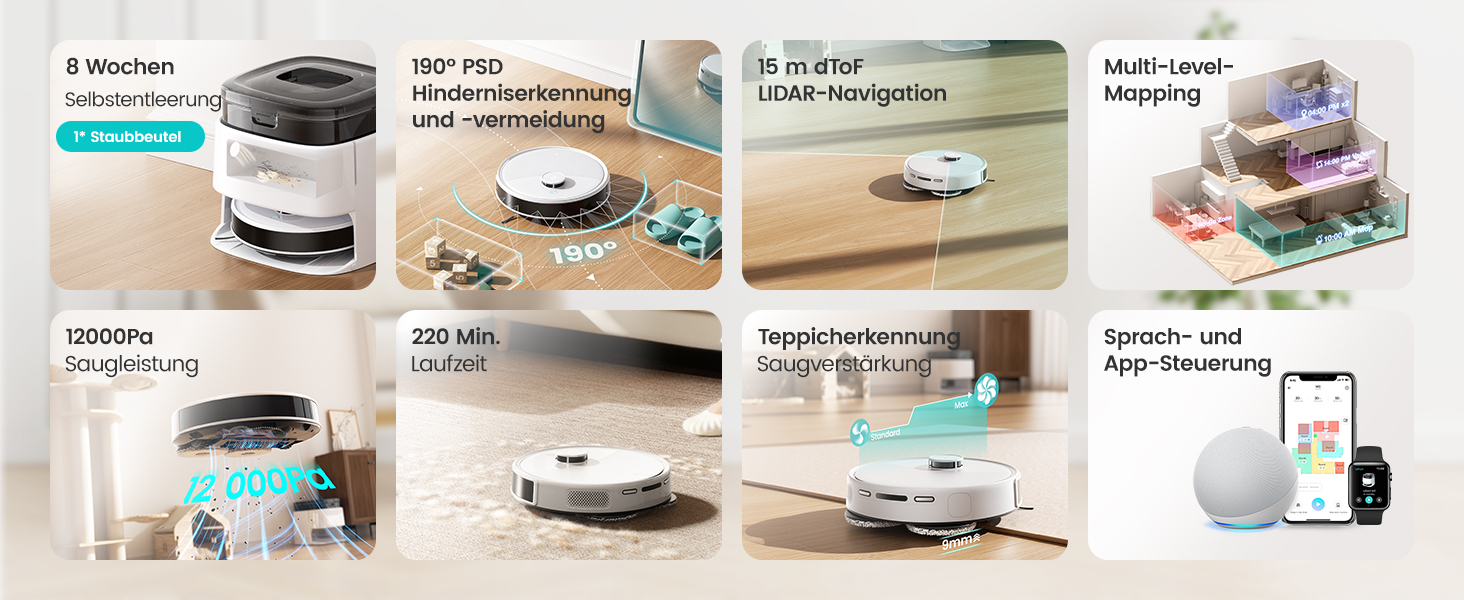 Робот-пилосос LEFANT M3 Gen2 з функцією миття, 12000Pa, автоматичне очищення, LiDAR, розпізнавання килимів, керування через додаток Freemove 3.0 та голосове керування, 8 тижнів бездротової роботи