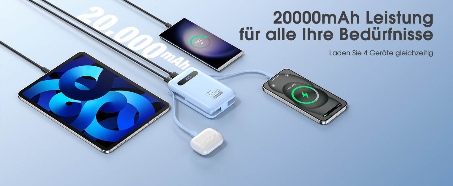 Powerbank 20000mAh з PD 35W, USB-C, LED дисплеєм та кабелями для iPhone, Samsung, Huawei
