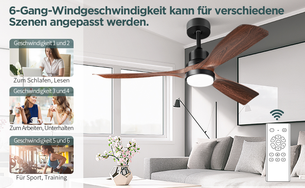 Стеляний вентилятор з підсвічуванням та пультом керування, тихий DC двигун, 132 см, 3 дерев'яних лопаті, таймер, 6 швидкостей, сертифікат ETL, режим літо/зима для спальні, коричневий