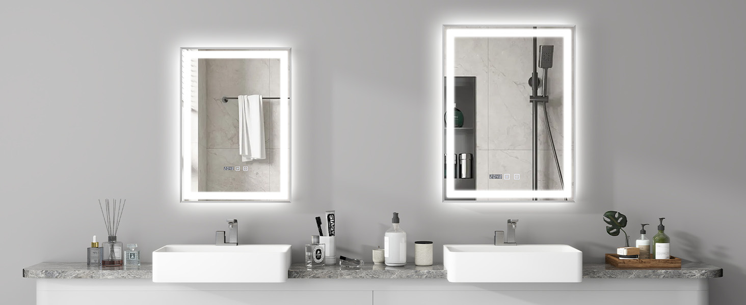 Дзеркало YOURLITE з підсвічуванням 70x50 см, LED дзеркало для ванної кімнати з годинником, сенсорне керування, 3 кольори світла, регулювання яскравості, антизапарник, пам'ять, срібний