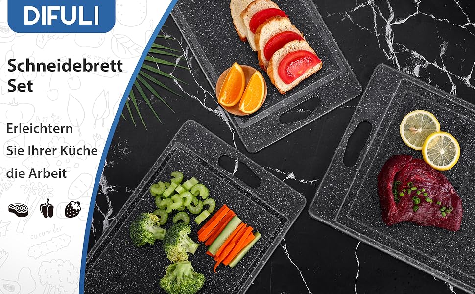 Набір обробних дощок 3 шт. з імітацією граніту, антиковзаючі наклейки, жолоб для соку, BPA-Free, з ручкою. Дошки з пластику, антибактеріальні, чорного кольору. Аксесуари для кухні