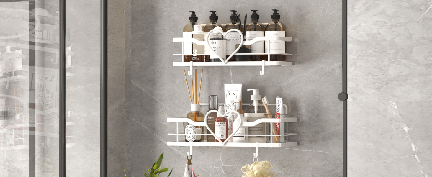 Двосекційна поличка для душу без свердління з 4 гачками, органайзер для шампуню та мила, поличка для ванної кімнати (11.5 см, білий)