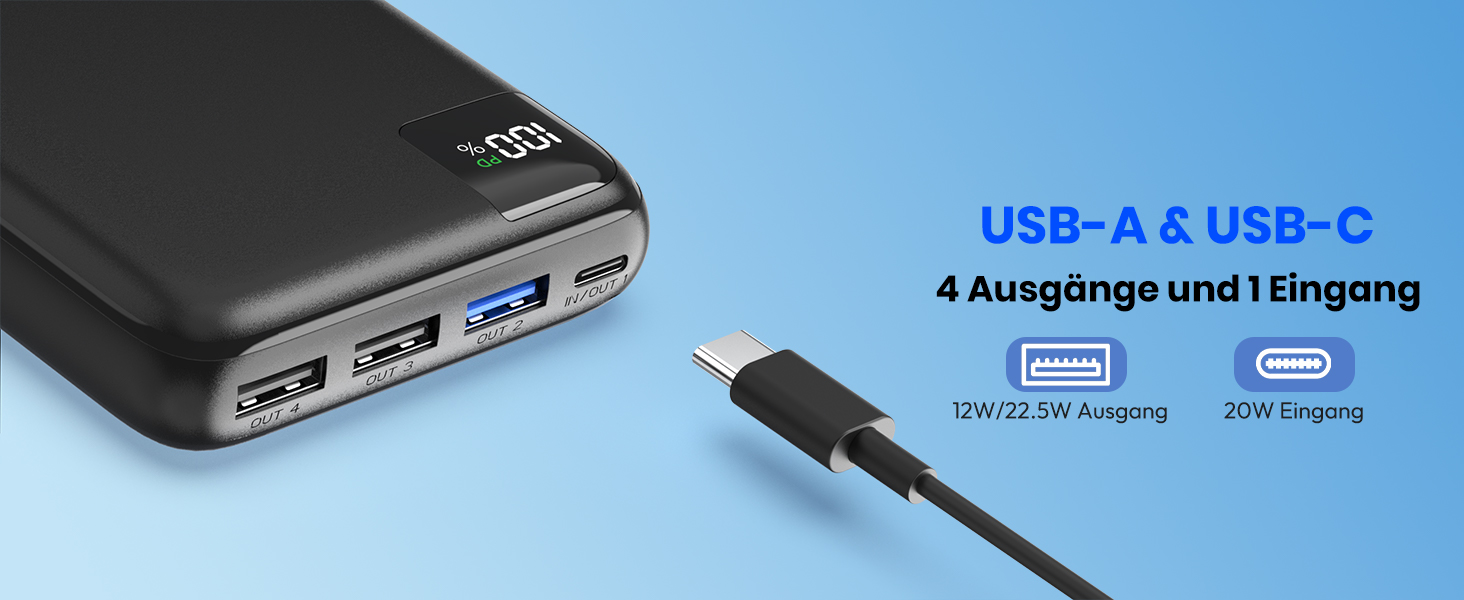 Power Bank SOARAISE 27000mAh з LED-дисплеєм: зарядний акумулятор для телефону та планшета, 4 виходи, USB-C, чорний