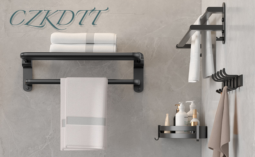 Тримач для рушників на стіну без свердління, з 2 рушниковими перекладинами, алюміній, матовий чорний, 58 см