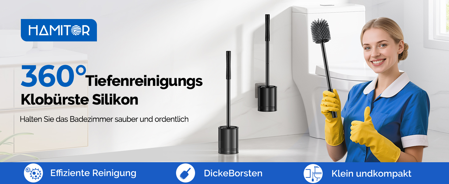 Набір для чищення унітазу Hamitor: щітка з силікону та нержавіючої сталі, кріплення на стіну без свердління, швидке висихання, для ванної кімнати (Чорний)
